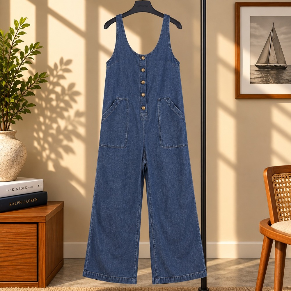 Marine Layer Sydney Jumpsuit Womens L Indigo Blue Button Front Wide Leg Pockets